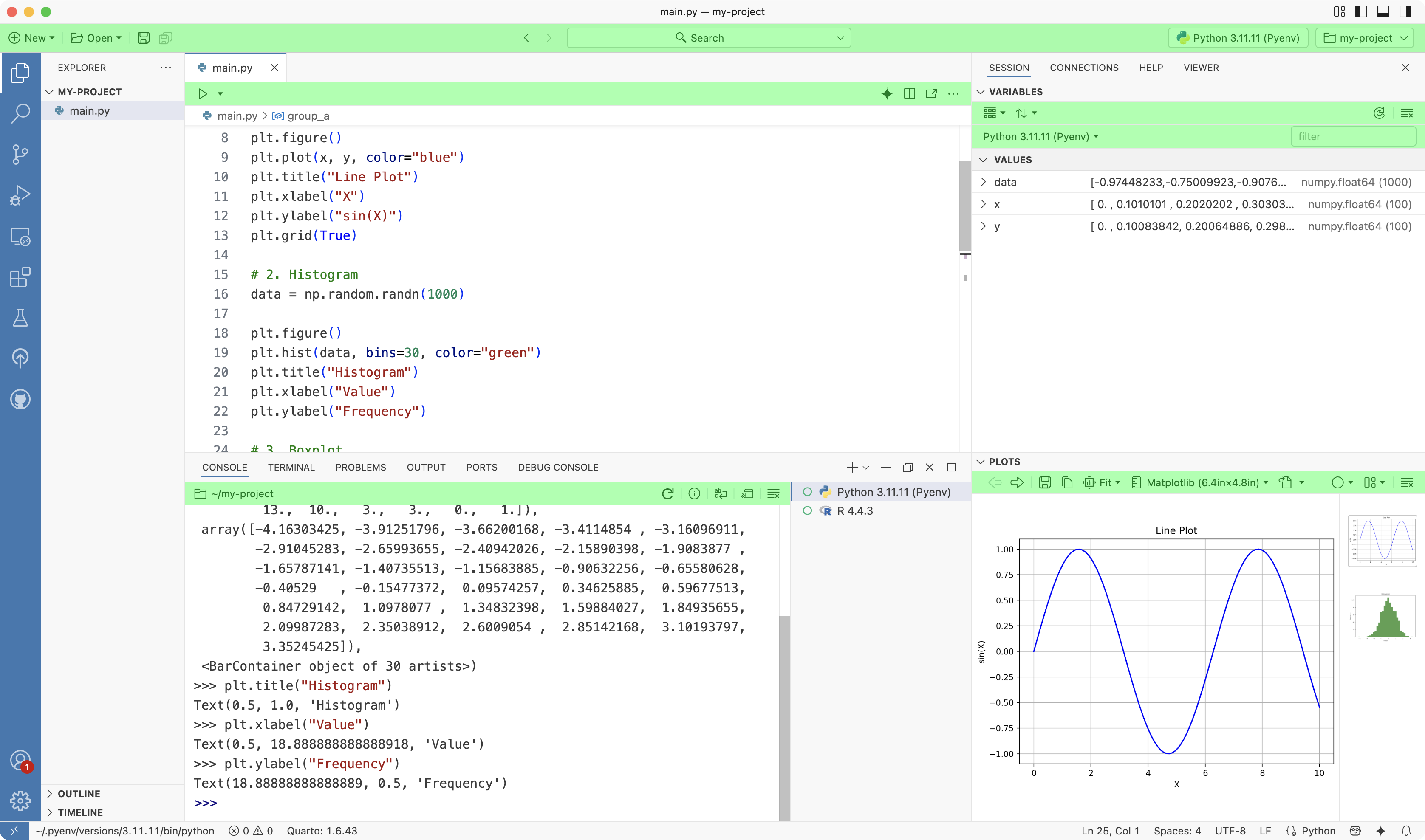 Positron IDE showing action bars in various panes including the Editor, Console, Variables pane, and Plots pane.