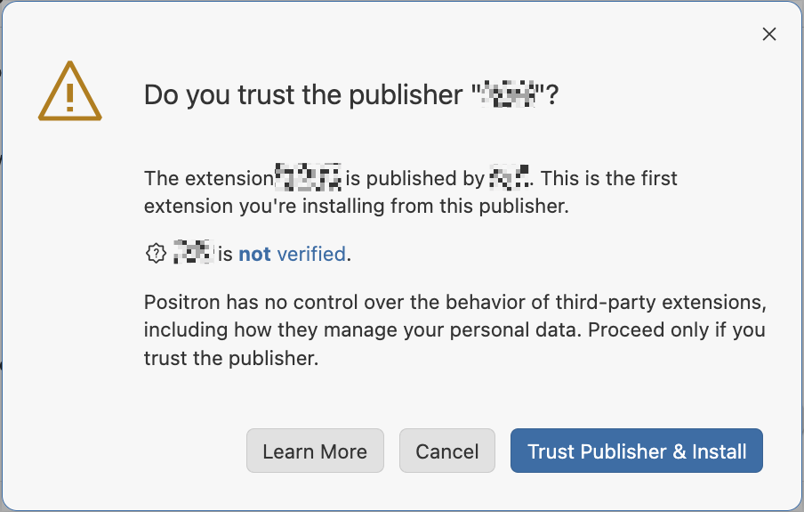 Modal prompt to confirm trust in that specific extension publisher