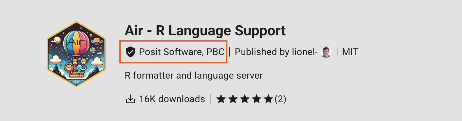 Air extension as displayed in the Extensions pane of Positron